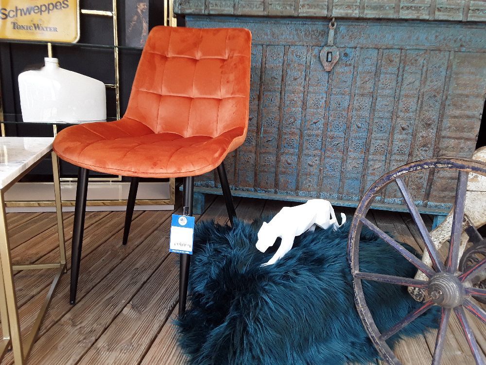 CHAISE DESIGN VELOUR ORANGE PIEDS NOIR 