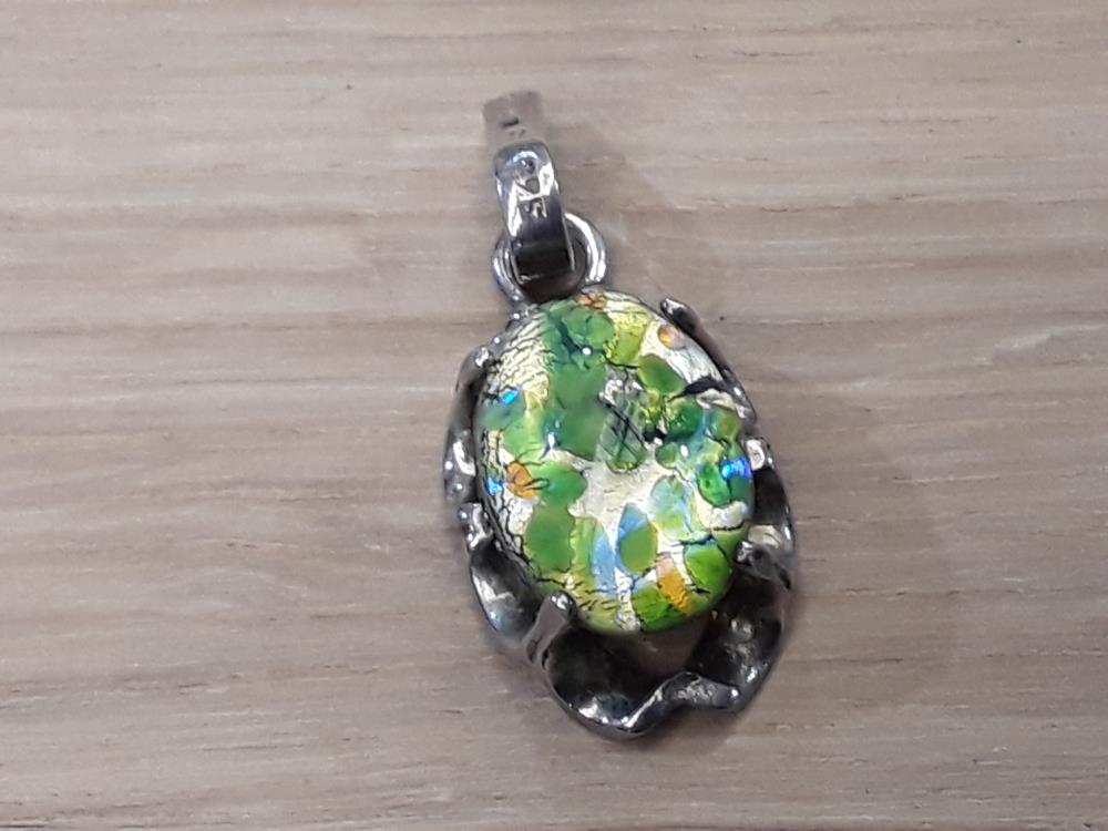 PENDENTIF ARGENT VERRE MURANO FEUILLE OR 