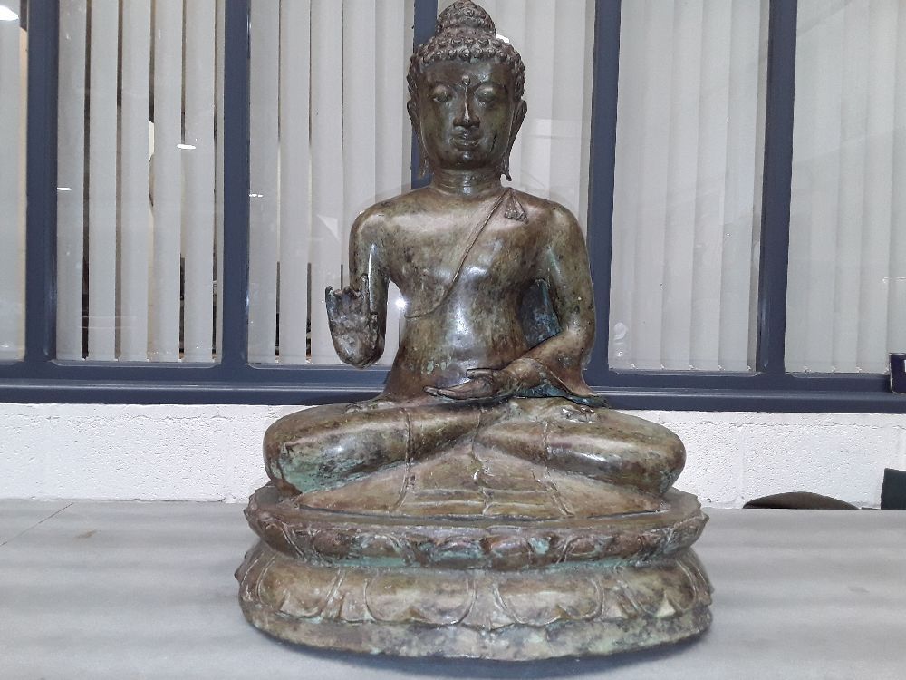 BOUDDHA TIBET ALLIAGE BRONZE CIRE PERDUE FIN 19EME 64CM 