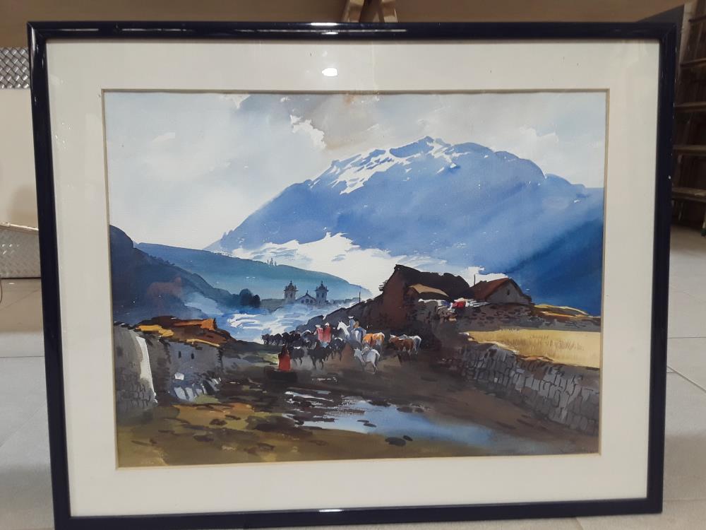 AQUARELLE SIGNEE MAURO CASTILLO G VILLAGE DE MACA 