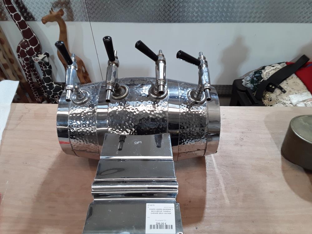POMPE A BIERE ANCIENNE 4 BECS DÉCOR TONNEAU CHROMÉ DÉCO VINTAGE 