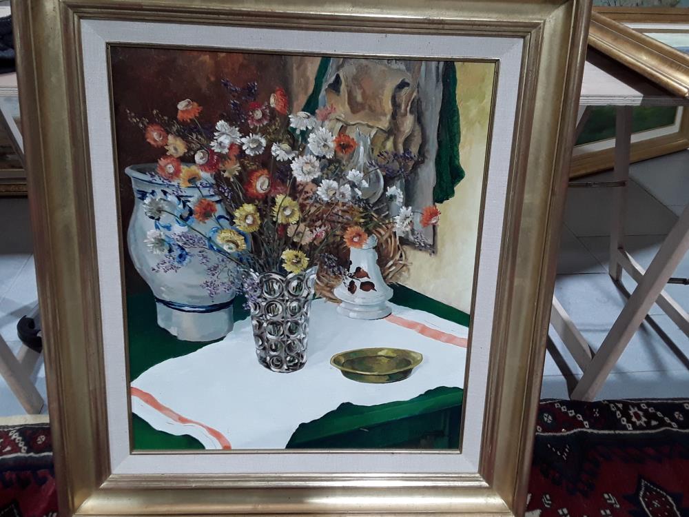 PEINTURE À L'HUILE SIGNÉE RIC POUILLON  NATURE MORTE FLEURS