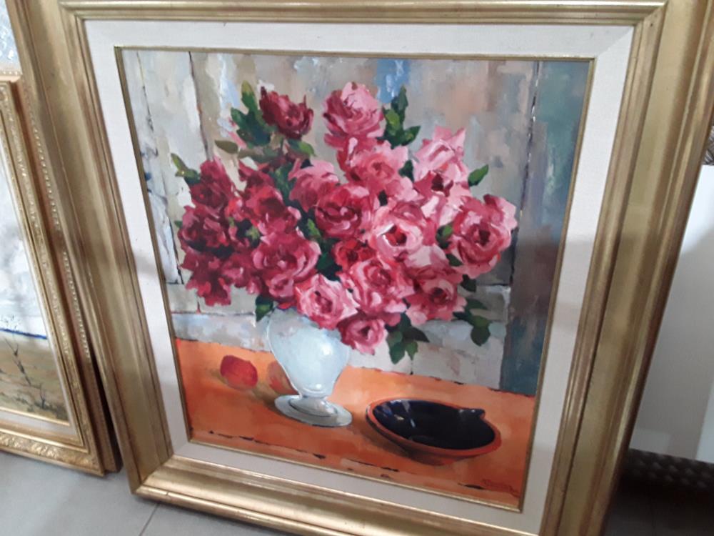 PEINTURE À L'HUILE NATURE MORTE BOUQUET DE ROSES SIGNÉE RIC POUILLON