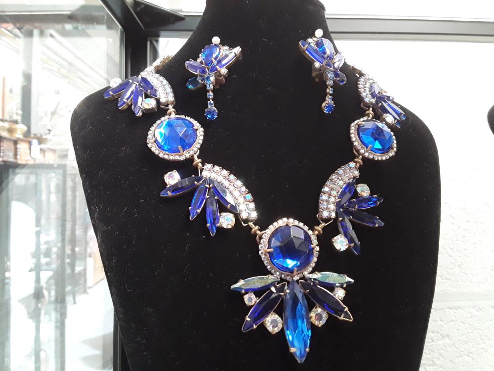PARURE COMPLÈTE STYLE BRÉSIL GALA BLEU AVEC BOUCLES D'OREILLES 
