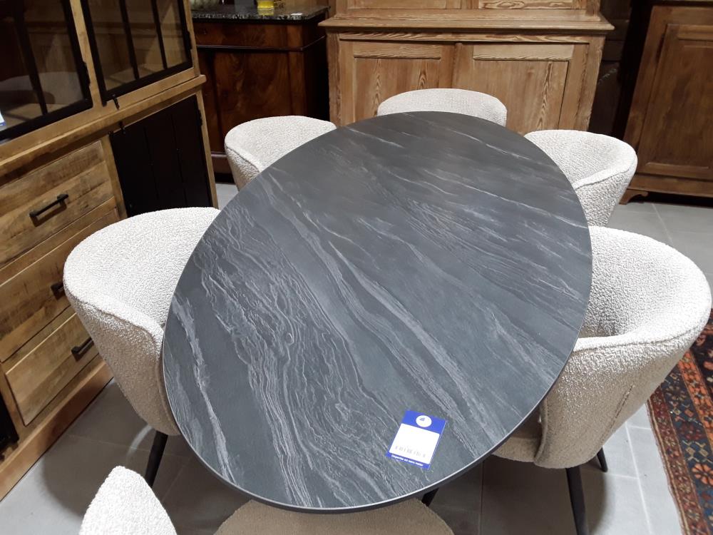 TABLE OVALE DESIGN ITALIEN PIED METAL FINITION MARBRE GRIS