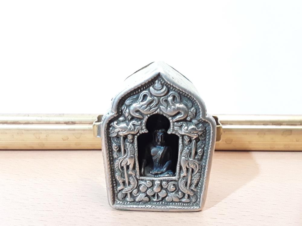 GHAU BOITE PRIÈRE TIBÉTAINE DE VOYAGE FIN 19EME ARGENT ET CUIVRE