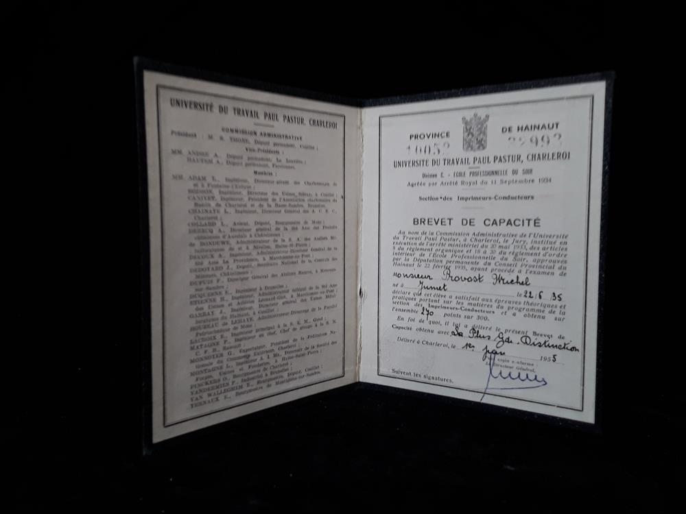 BREVET 1935 UNIVERSITÉ DU TRAVAIL PAUL PASTUR CHARLEROI 