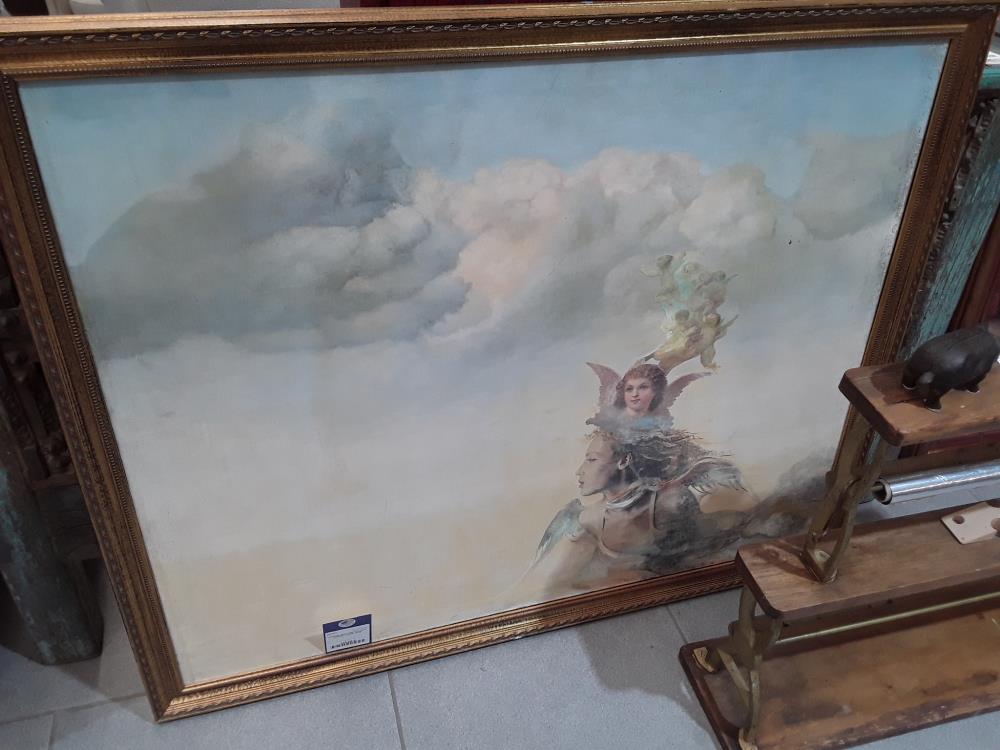 GRANDE PEINTURE COLLAGE NUAGES CADRE DORÉ 