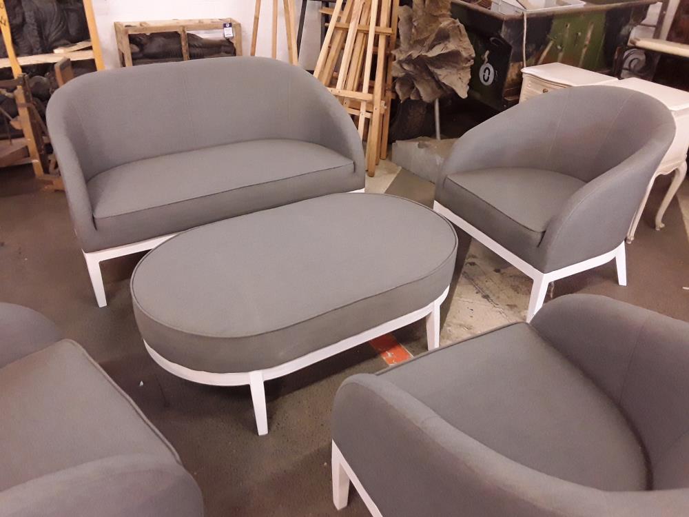 SALON DE JARDIN DESIGN 3 FAUTEUILS  1 BANQUETTE SUNBRELLA ALU ET TISSU EXTÉRIEUR  