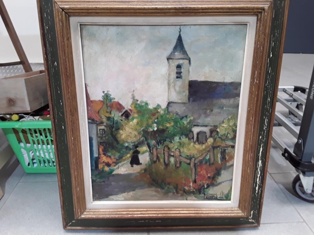 PEINTURE À L'HUILE CLOCHER DE L'ÉGLISE SIGNÉ FECONIE 