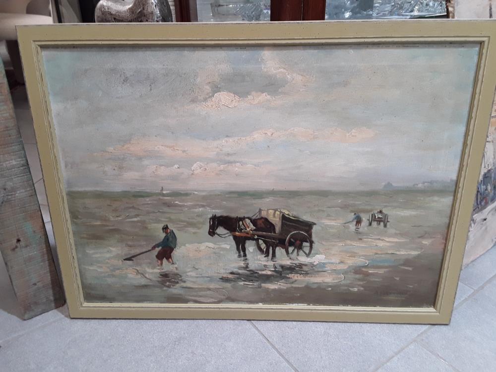 PEINTURE À L'HUILE PÊCHE À LA CREVETTE SIGNÉE A.VERHUDEN 