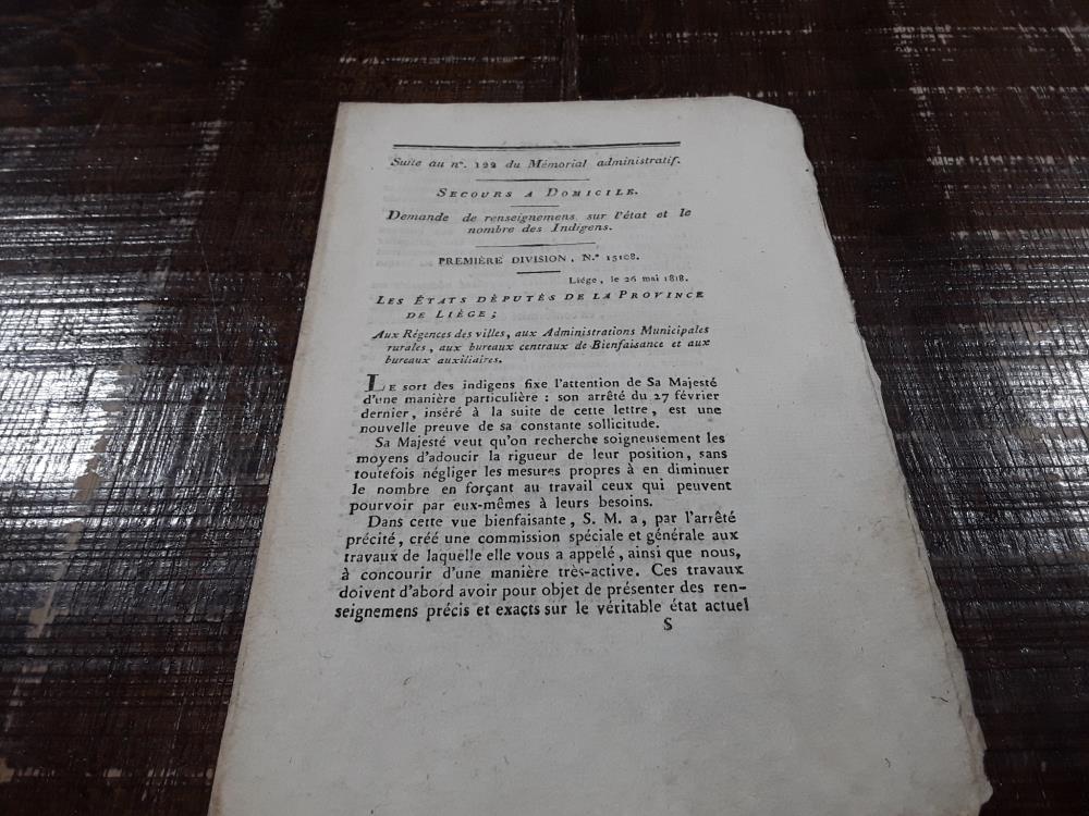 MÉMORIAL ADMINISTRATIF "SECOURS À DOMICILE 25/05/1818