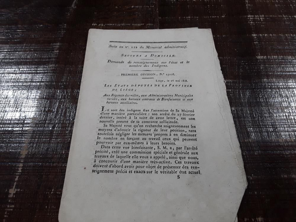 MÉMORIAL ADMINISTRATIF "SECOURS À DOMICILE 26/05/1818