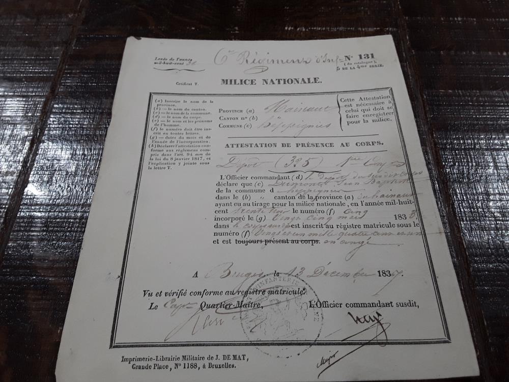 MILICE NATIONAL ATTESTATION PRÉSENCE 1837