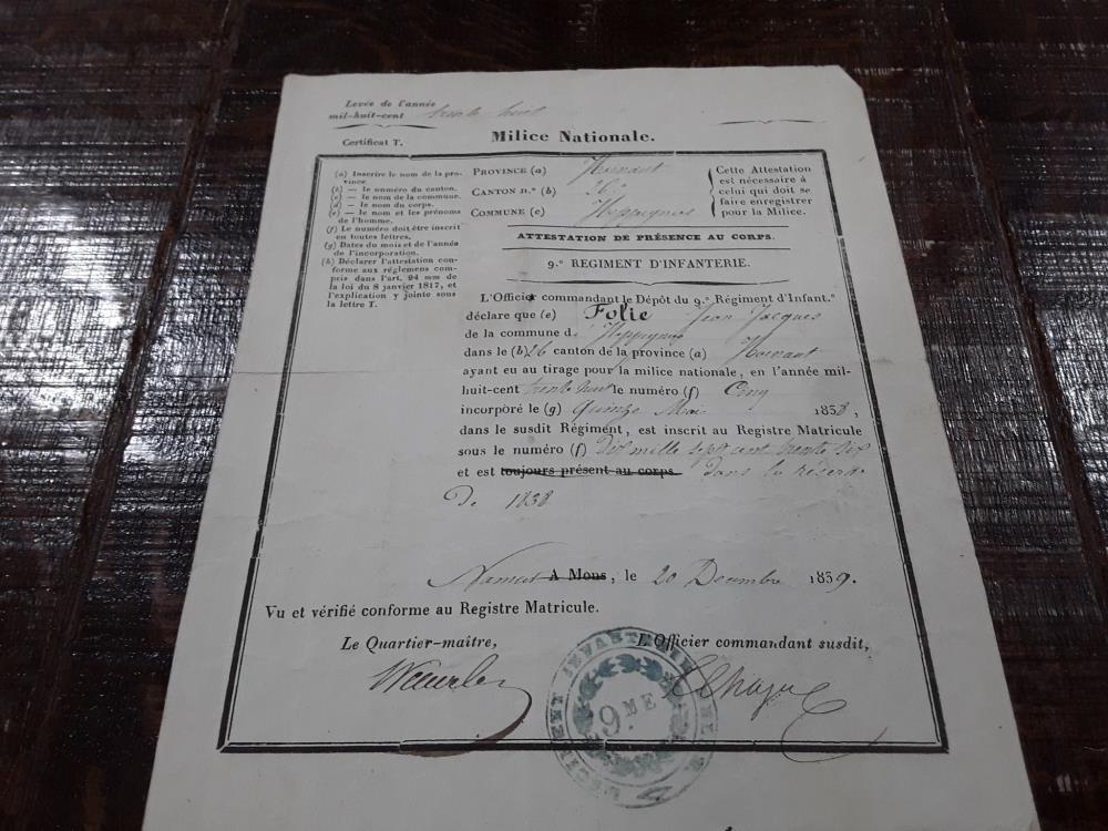MILICE NATIONAL ATTESTATION PRÉSENCE 1839