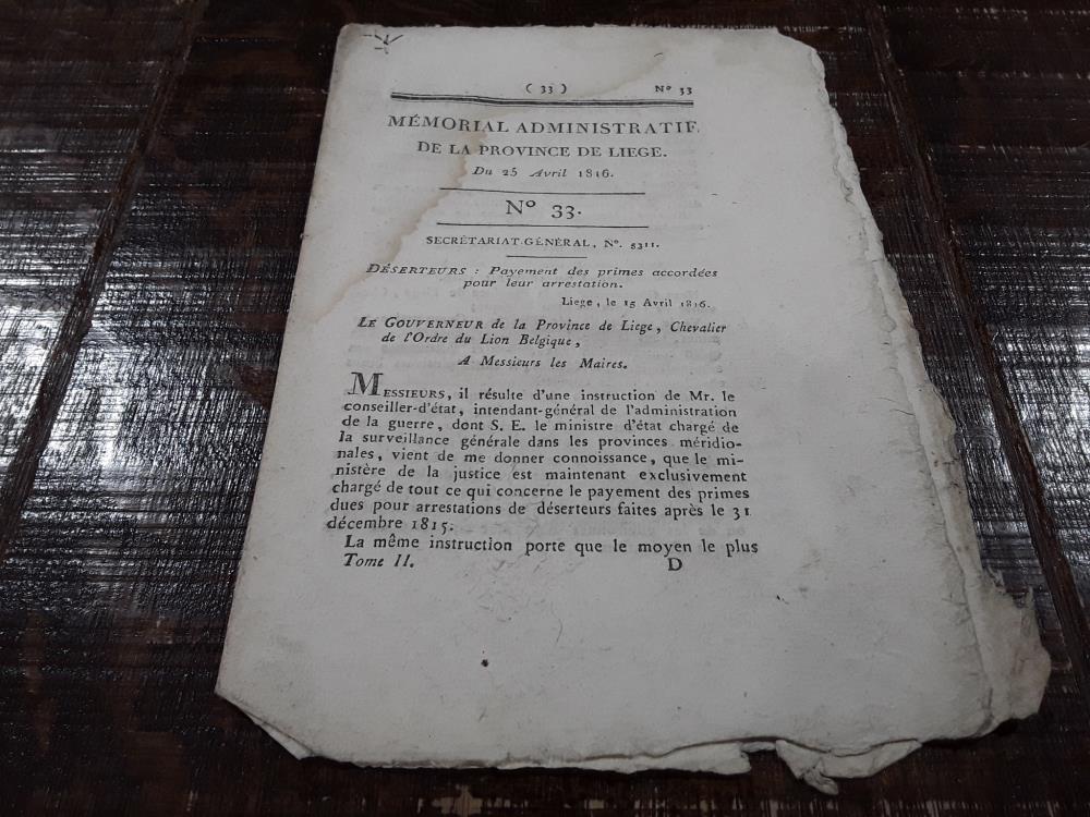 MEMORIAL ADMINISTRATIF PROVINCE LIEGE DU 25/04/1816