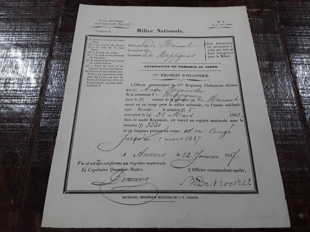 MILICE NATIONAL ATTESTATION PRÉSENCE 12/01/1837
