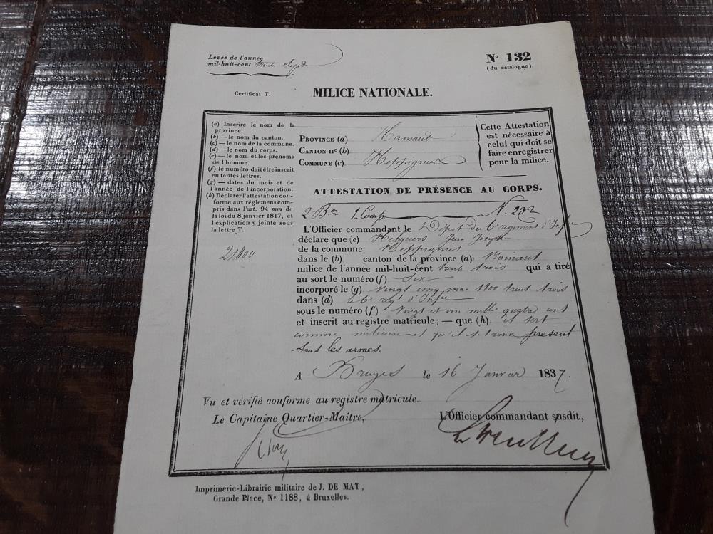 MILICE NATIONAL ATTESTATION PRÉSENCE 16/01/1837