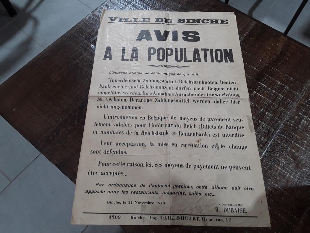 AFFICHE AVIS À LA POPULATION VILLE DE BINCHE 21/11/1940