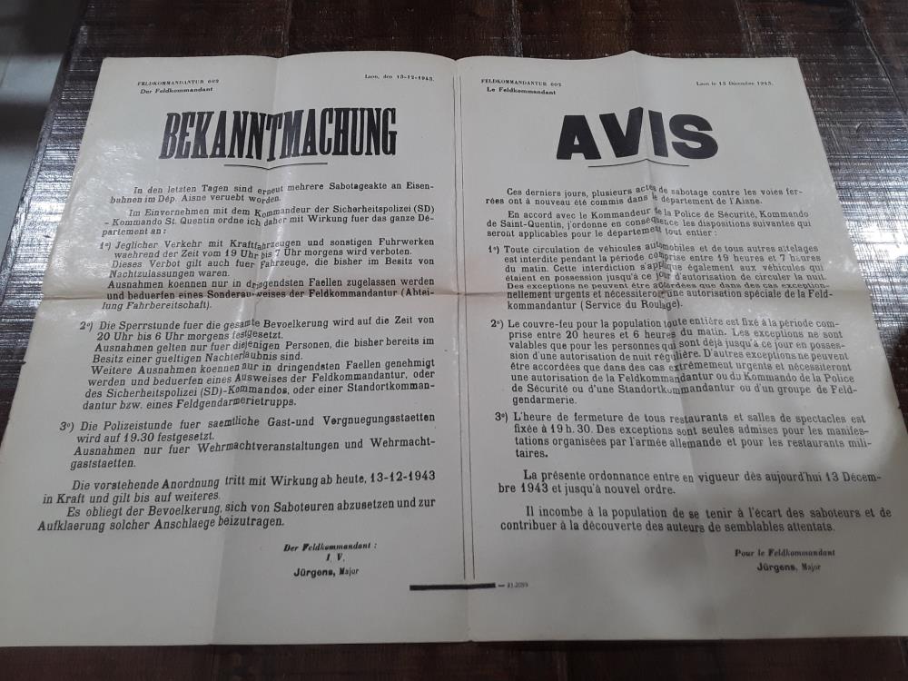 AVIS DU COMMANDANT MILITAIRE EN FRANCE (D/F) POUR DENONCIATION ACTE DE SABOTAGE 