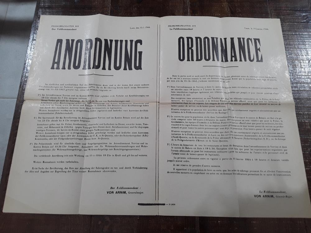 AFFICHE  ORDONNANCE  MILITAIRE EN FRANCE (D/F) REPRESSION ACTE DE SABOTAGE 