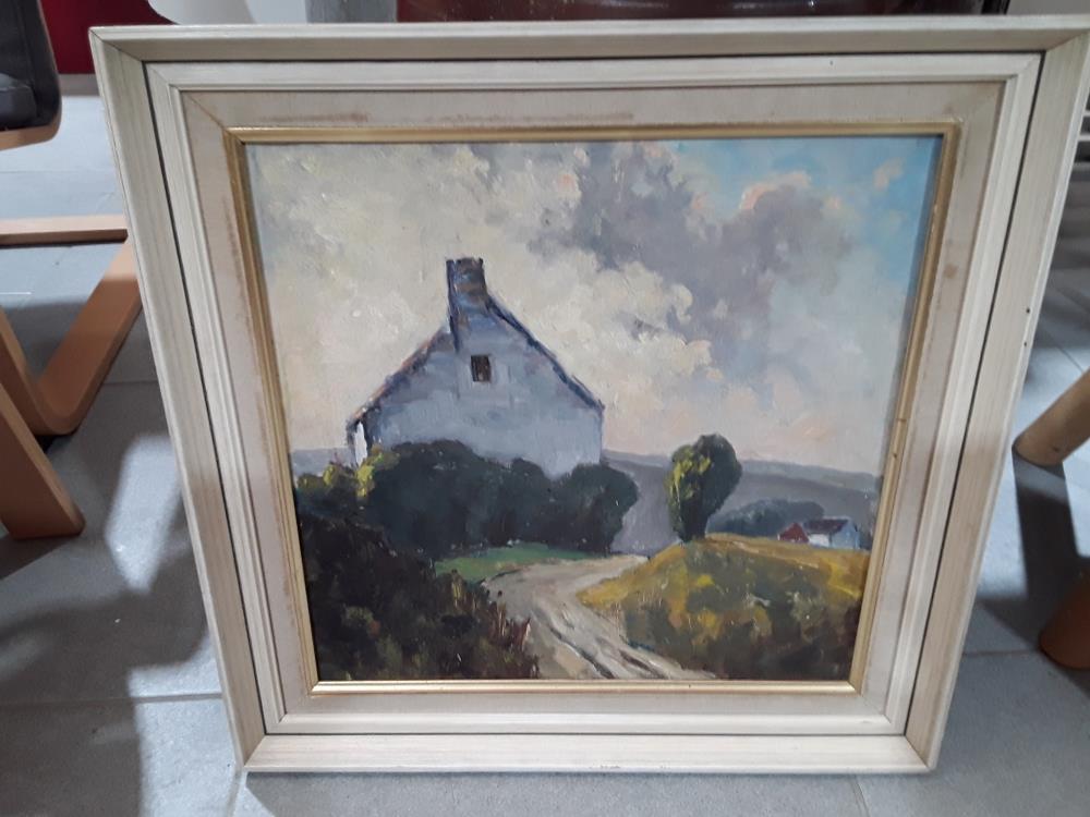 PEINTURE À L'HUILE SUR TOILE  PAYSAGE MAISON BLANCHE SIGNÉE MM BOLLY 