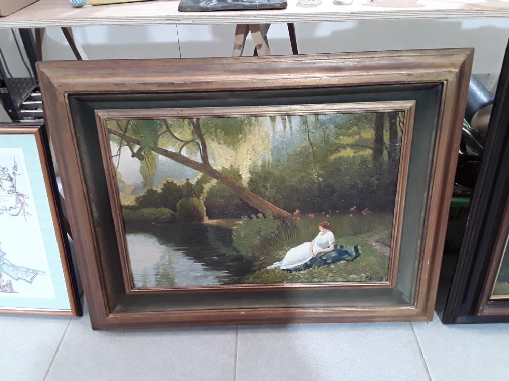 PEINTURE SUR TOILE BORD DE LAC SIGNÉE R.DELLEKE 
