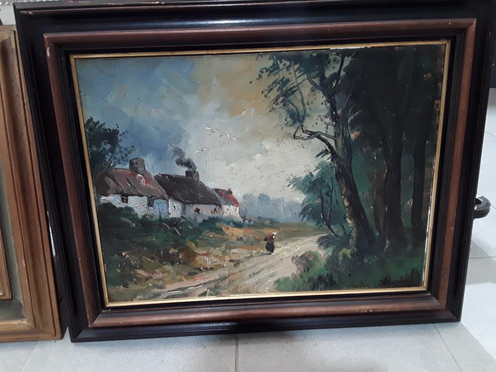 PEINTURE À L'HUILE SUR BOIS PAYSAGE FERME FLAMANDE SIGNÉE VOISIN 
