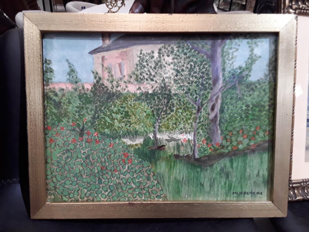 PEINTURE SUR PANNEAU JARDIN FLEURI SIGNÉE 