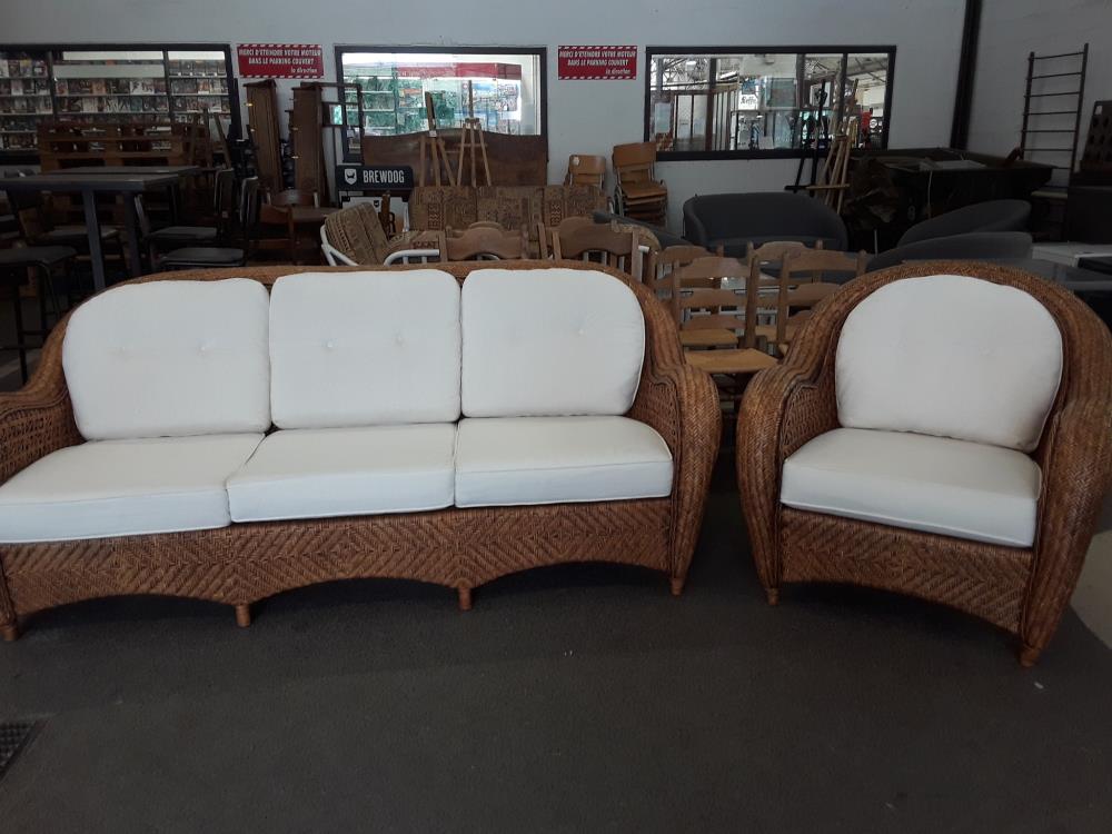SALON EN JONC TRESSÉ BALI BANQUETTE 3 PLACES + 1 FAUTEUIL 