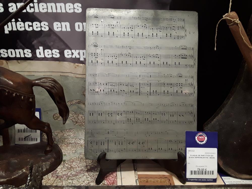 PLAQUE DE PARTITION EN ETAIN IMPRIMEUR FIN 19EME