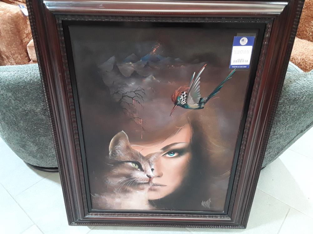 PEINTURE SIGNEE LUC GENOT PEINTRE BELGE 1943/1995 FEMMPE CHAT 1M05/84CM 