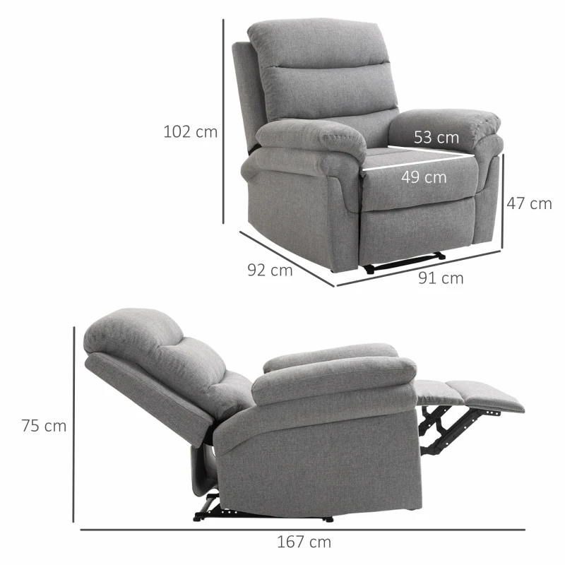  FAUTEUIL DE RELAXATION INCLINABLE MANUEL AVEC REPOSE-PIED AJUSTABLE TISSU POLYESTER ASPECT LIN GRIS