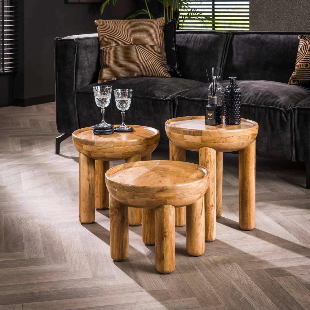 TABLE DE SALON SERIE DE 3 RONDE ACACIA MASSIF NATUREL 