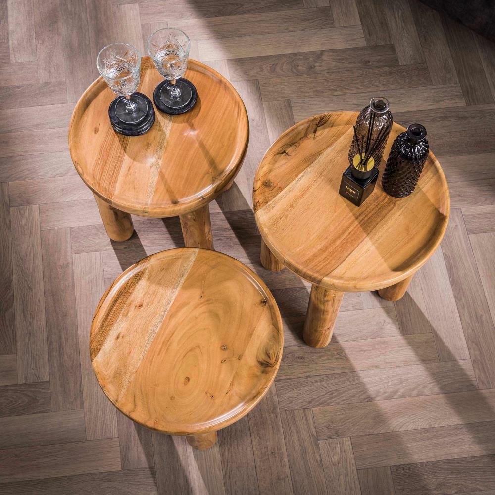 TABLE DE SALON SERIE DE 3 RONDE ACACIA MASSIF NATUREL 