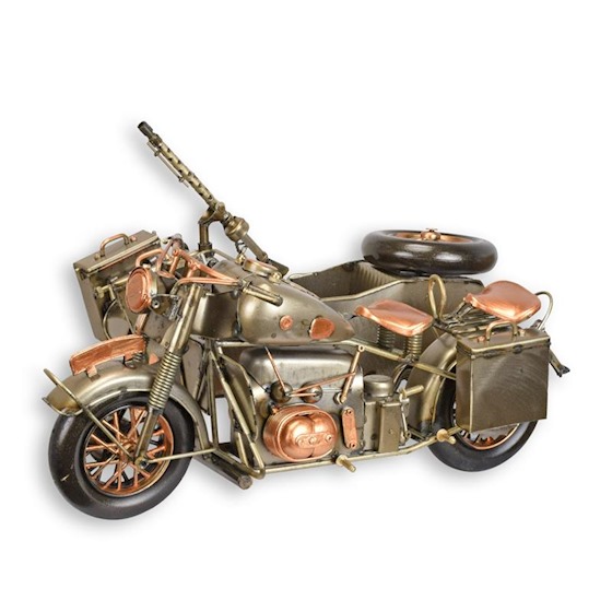 MAQUETTE EN FER-BLANC D'UNE MOTO MILITAIRE AVEC SIDE-CAR