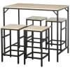 ENSEMBLE TABLE DE BAR INDUSTRIEL + 4 TABOURETS REPOSE-PIEDS EN BOIS COULEUR CHÊNE CLAIR CADRE EN MÉT