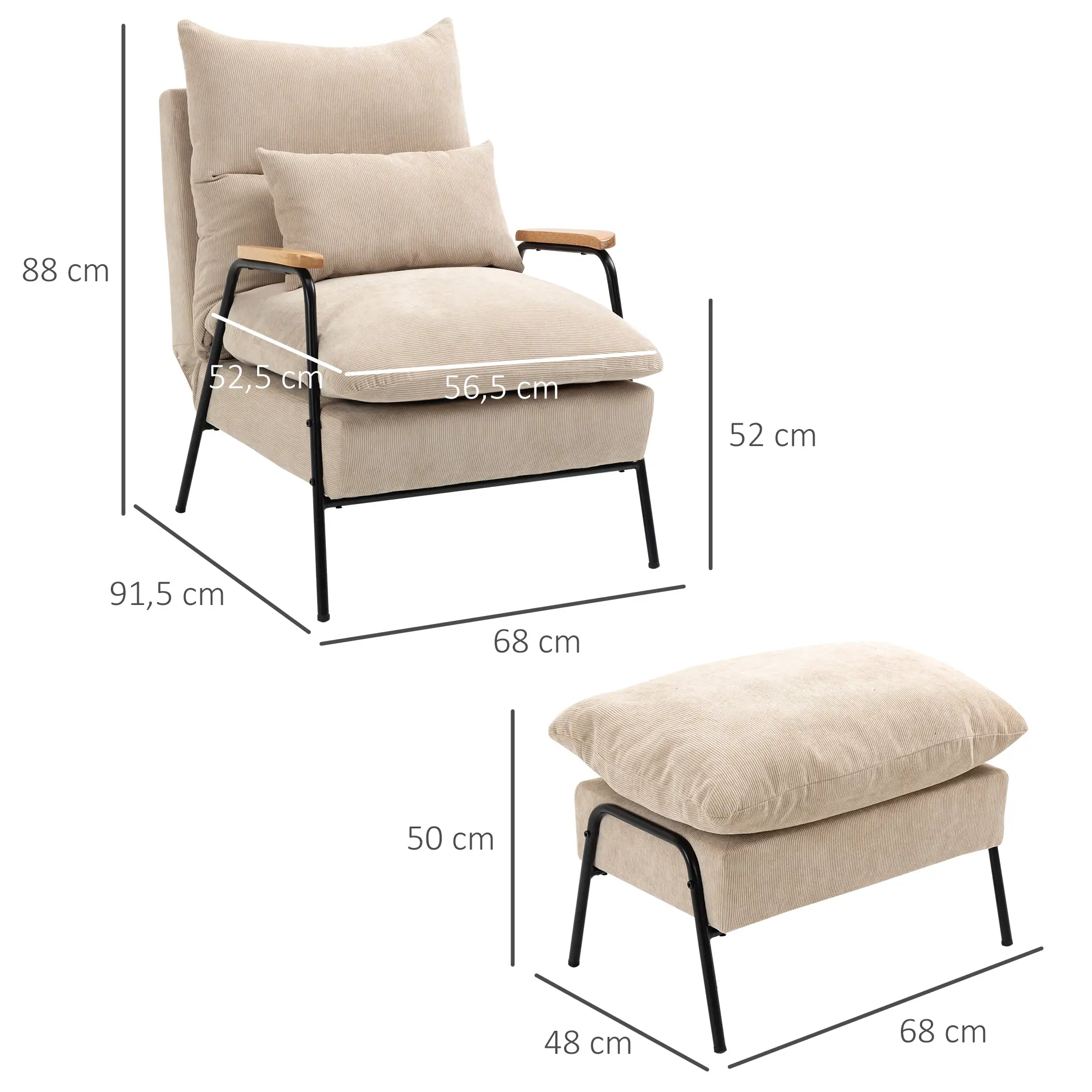 FAUTEUIL DE RELAXATION AVEC REPOSE PIED STYLE NÉO-RÉTRO - DOSSIER INCLINABLE - ACCOUDOIRS BOIS HÉVÉA