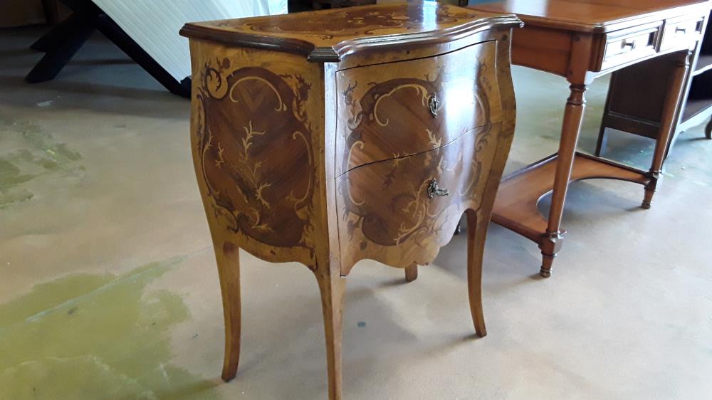 COMMODE MERISIER MARQUETERIE 2 TIROIRS