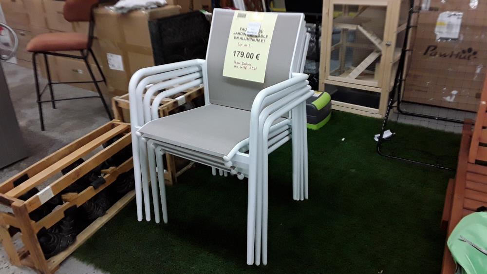 FAUTEUIL DE JARDIN EMPILABLE EN ALUMINIUM ET TEXTILÈNE LOT DE 4  - GRIS CLAIR ET BLANC 
