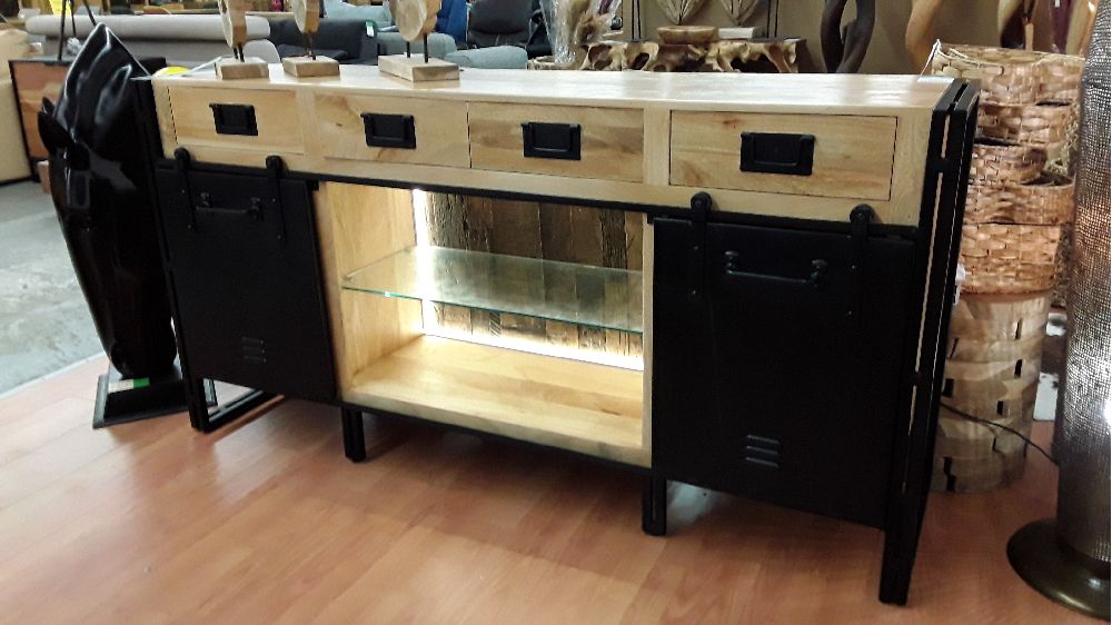 ENFILADE LUX 180  MANGUIER PORTE COULISSANTE LED ET BOIS RECYCLE