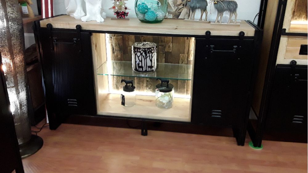 ENFILADE LUX 160 MANGUIER PORTE COULISSANTE LED ET BOIS RECYCLE