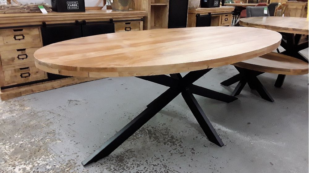 TABLE OVALE 220  MANGUIER MASSIF ET PIED CENTAL METAL 