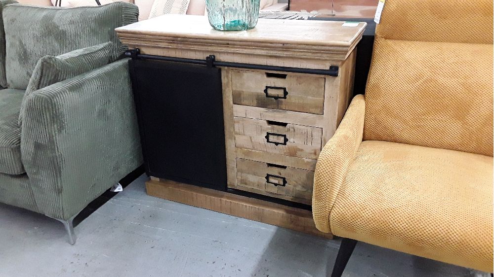 MEUBLE D APPOINT SLIDER MANGUIER 100 CM PORTE COULISSANTE ET 3 TIROIRS