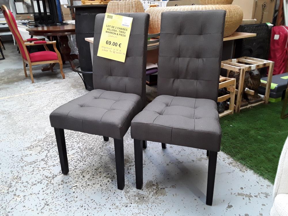 LOT DE 2 CHAISES VILLOSA - TISSU MARRON & PIEDS BOIS FONCÉ/DESTOCK 
