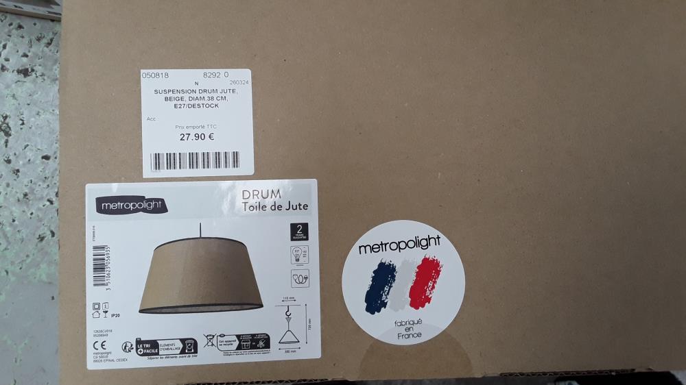 SUSPENSION DRUM JUTE, BEIGE, DIAM.38 CM, E27/DESTOCK