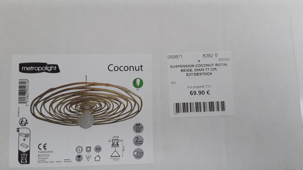 SUSPENSION COCONUT ROTIN, BEIGE, DIAM.77 CM, E27/DESTOCK