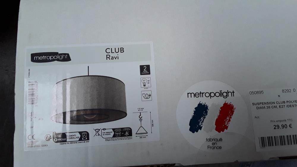 SUSPENSION CLUB POLYESTER DIAM.38 CM, E27 /DESTOCK 