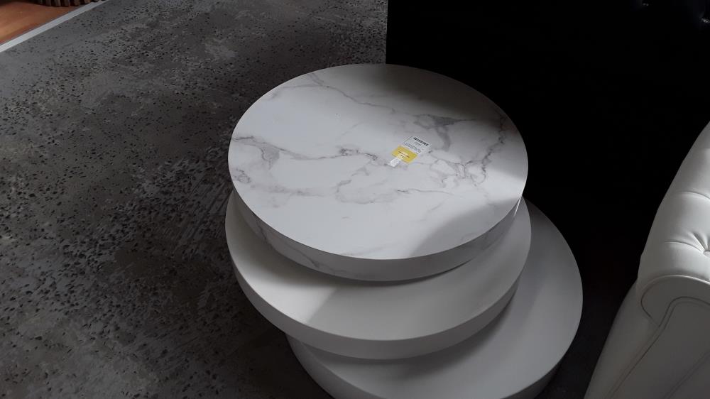 NEW - TABLE BASSE PIVOTANTE RONDE AVEC 1 NICHE EN MDF - EFFET MARBRE BLANC ET BLANC - /DESTOCK