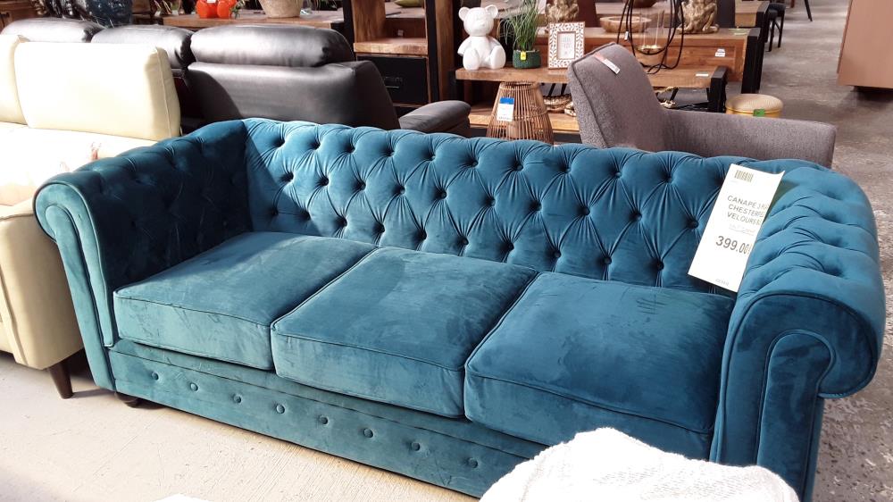 CANAPÉ 3 PLACES CHESTERFIELD - VELOURS BLEU CANARD/DESTOCK  